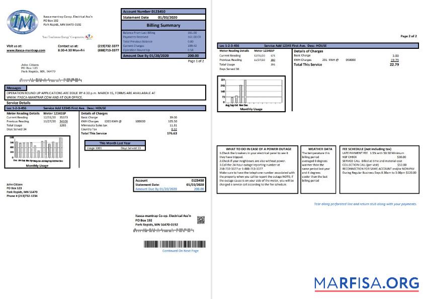 Blank USA Minnesota Itasca Mantrap electricity utility bill template in Word and PDF format (2 pages)